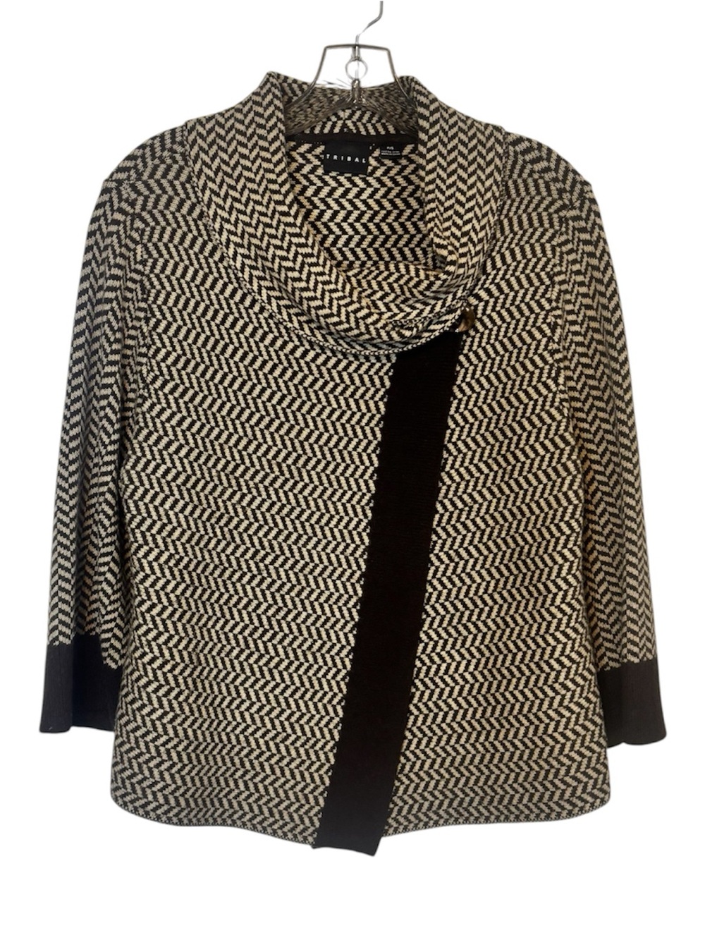 Tribal Herringbone Knit Wrap Cardigan Jacket Asymmetrical Trim Button Accent